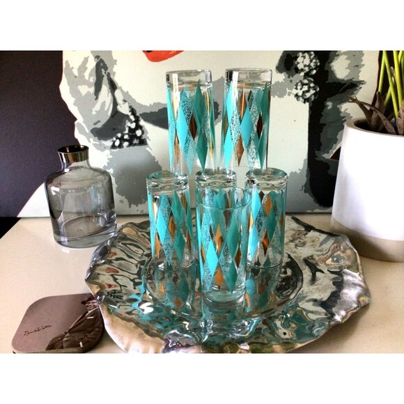 Lex Kuznak Mid Century Modern Highball Glasses With Diamond Pattern & 22K Gold
